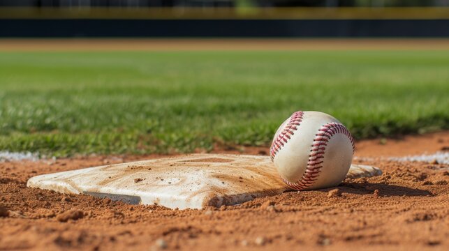 Clean white baseball and base on a baseball field