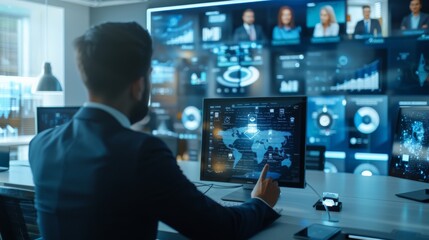 Illustrating executives using AI-enhanced telepresence robots to attend virtual meetings