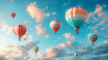 Obraz premium A bright blue sky with wispy white clouds and a beautiful assortment of colorful hot air balloons.