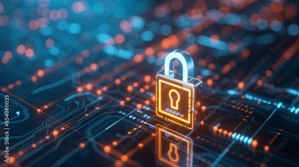 Poster a digital padlock over personal data or sensitive information, symbolizing data privacy protection.