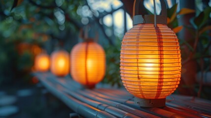 Fototapeta premium A series of orange paper lanterns aligned on a bamboo bench in a lush garden setting. traditional Japanese lanterns during Obon
