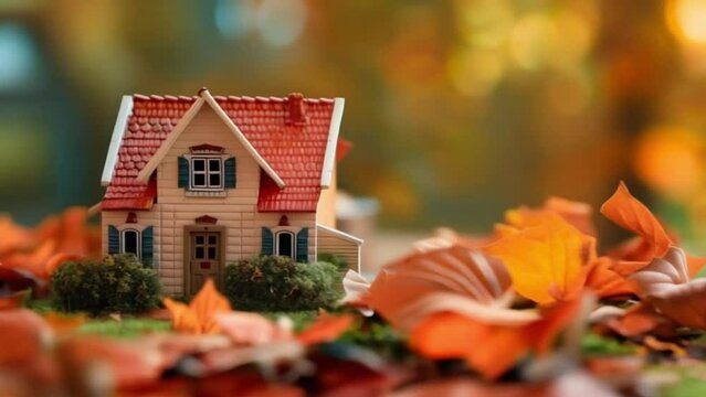 A miniature model of a tiny house in an autumn setting, with colorful leaves 