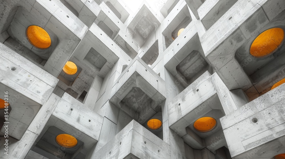 Poster close-up of a modern concrete building corner with orange glowing lights adding depth and interest
