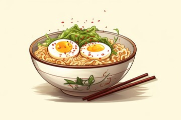 An appetizing illustration of a bowl of ramen noodles garnished with sliced green onions, a halved boiled egg, and pieces of red fish. The bowl is white, and the chopsticks are placed beside it 