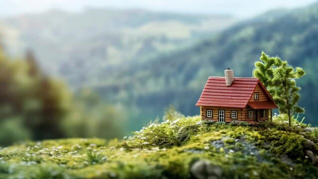A miniature model of a tiny house on a hill, with a scenic view