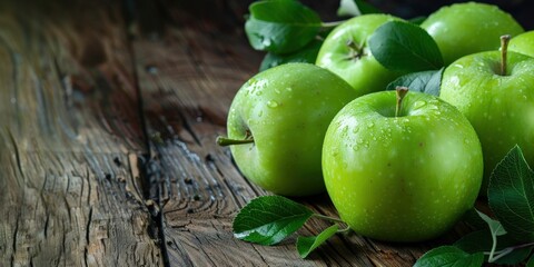 Four green apples sitting on a wooden table. Generate AI image