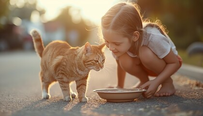A young child is interacting with a golden cat on a sunlit street, evoking care, companionship, and kindness