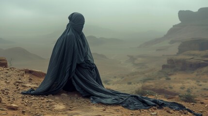 A serene and mysterious image of a person draped in cloth sitting amidst a vast desert landscape, creating a sense of solitude