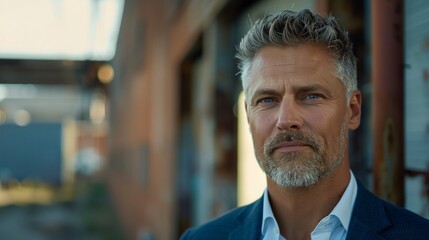a man with a beard and a suit jacket on looking off into the distance with a serious look on his face..