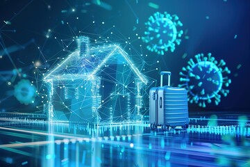 Fototapeta premium Futuristic working from home during coronavirus pandemic quarantine concept with glowing low polygonal house, suitcase and virus on bright blue background. contemporary wire frame mesh design