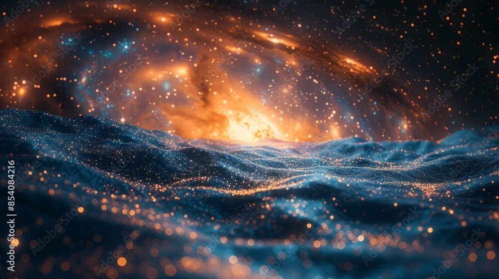 Poster a blue, textured surface with a slightly wavy pattern is illuminated by an orange and blue galaxy fi
