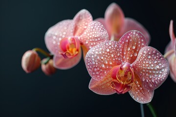 Pink Orchid with Dew Drops on Dark Background