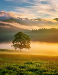 Obraz premium Lone tree is standing on a meadow at sunrise. The fog is covering the valley and the first rays of sun are illuminating the landscape