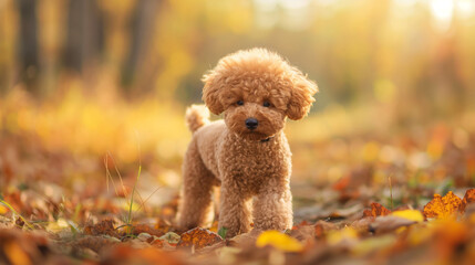 dog poodle toy walks on nature.