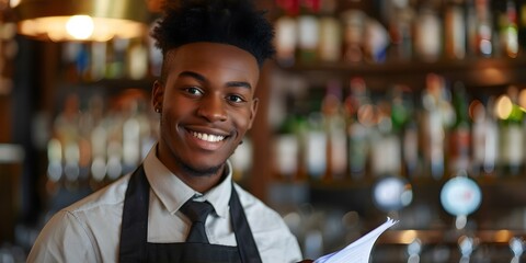 A young waiter in professional attire smiles and takes notes at a bustling bar. Concept Hospitality Industry, Waiter Job, Professional Attire, Customer Service, Bartender Skills