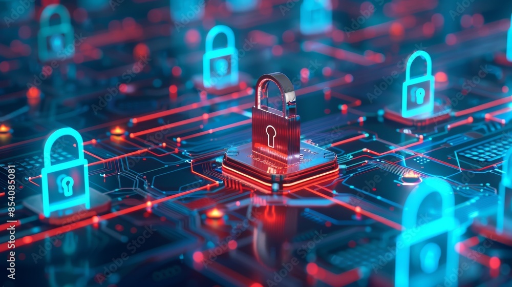 Poster depicting digital locks, shields, and data encryption symbols to represent cybersecurity measures in