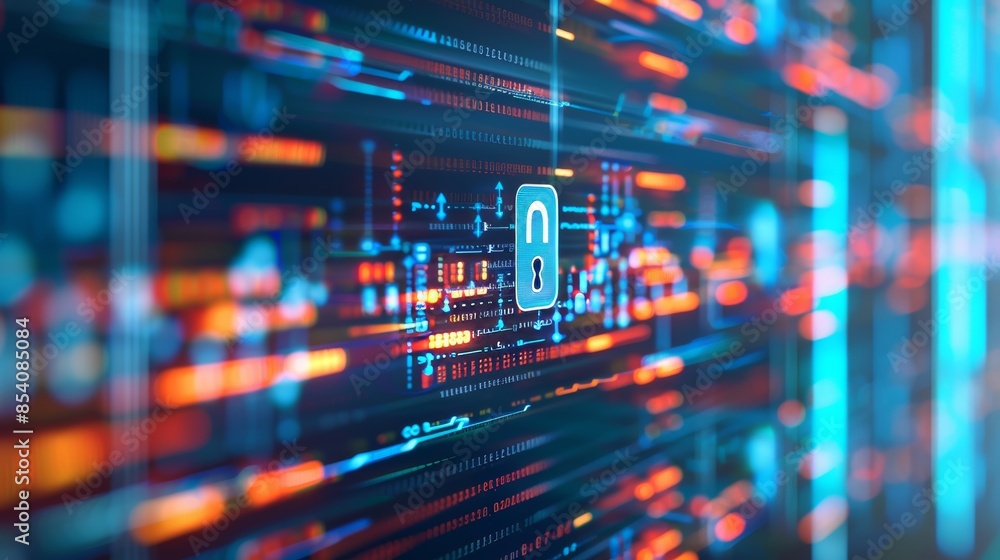 Poster depicting digital locks, shields, and data encryption symbols to represent cybersecurity measures in