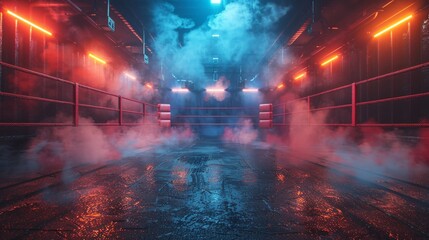 A visually striking boxing ring, dramatically lit with vibrant colors and atmospheric fog, evoking intensity and competition