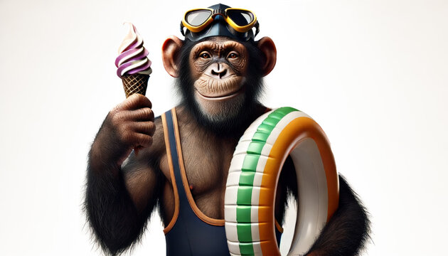 Humorous portrait of a monkey dressed in stylish beachwear wearing swimming goggles, holding an ice cream cone and a float. Isolated in White Background. Fun Chimpanzee making vacation with swimsuit, 
