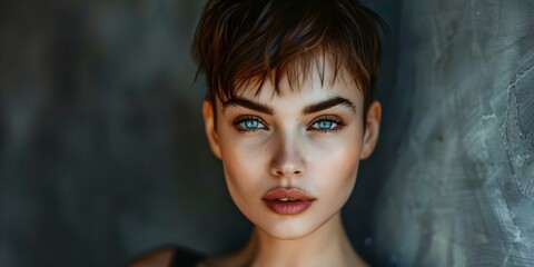 Fototapeta premium A woman with a pixie haircut A portrait. Concept Outdoor Photoshoot, Women's Fashion, Pixie Haircut, Portrait Photography, Natural Light