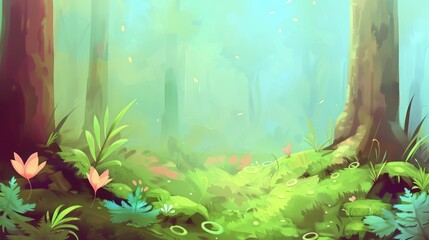  the enchanted forest is illuminated by glowing fireflies; and the mossy ground in front has fairy rings on it, background,