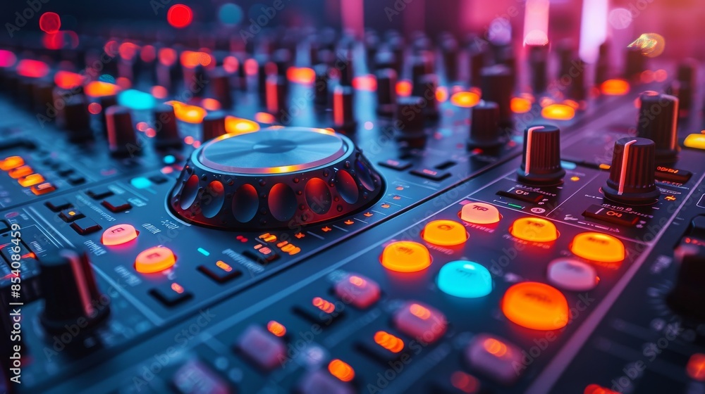 Poster a detailed image of a music mixing console with various knobs and lit controls, emphasizing modern s