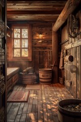 Cozy bathroom with wooden walls and flooring