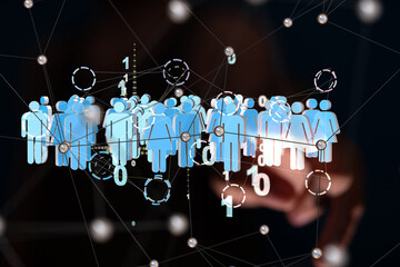 holding 3D rendering group of blue people