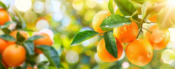 Oranges hanging on a tree in the rain, emphasizing the fresh and vibrant nature of the produce in a lush garden environment, Generative AI