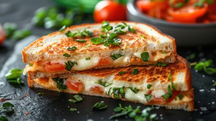 Gourmet grilled cheese sandwich with ham, tomatoes, and herbs on a wooden cutting board.