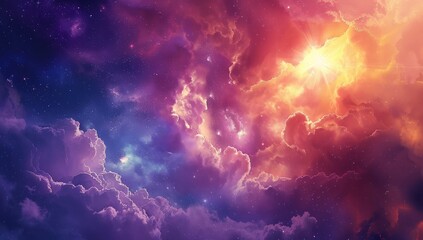 A colorful space scene with a bright yellow sun shining through the clouds. Generate AI image