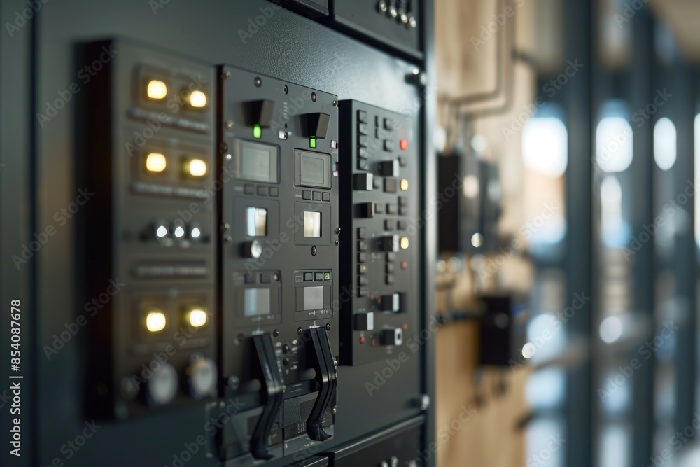 Poster a close-up view of a control panel in a building, with various buttons and displays