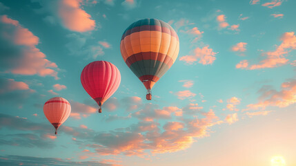 A captivating image showcasing three vibrant hot air balloons gracefully ascending against a backdrop of a picturesque sunset.