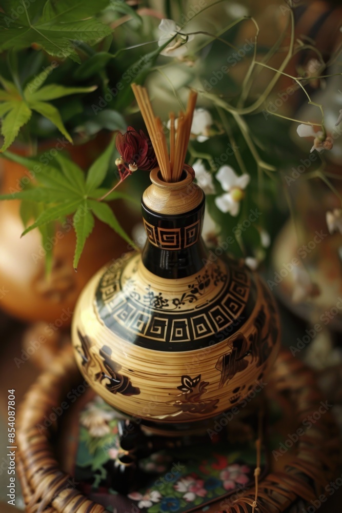 Aufkleber a decorative piece featuring a collection of sticks arranged in a vase, perfect for using as a prop 