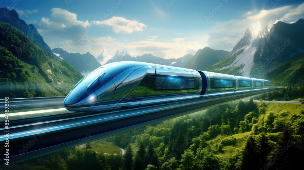 Poster aerial view of futuristic bullet train dashing on railway bridge thru green paddy fields under blue 