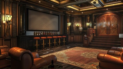 Fototapeta premium Leather chairs and a projector screen setup in a cozy home theater environment