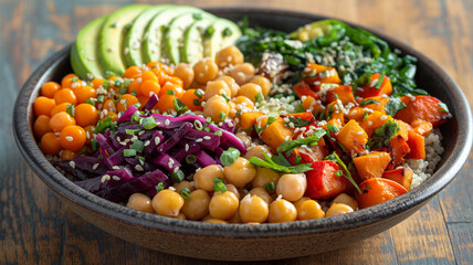  buddha bowl filled with quinoa, roasted vegetables, avocado slices, and chickpeas, drizzled with tahini dressing, on a wooden table.