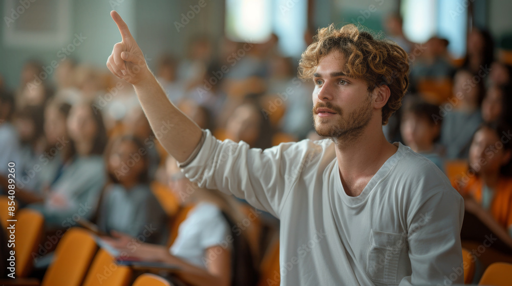 Poster A young man raises his hand to ask a question during a lecture in a classroom setting.