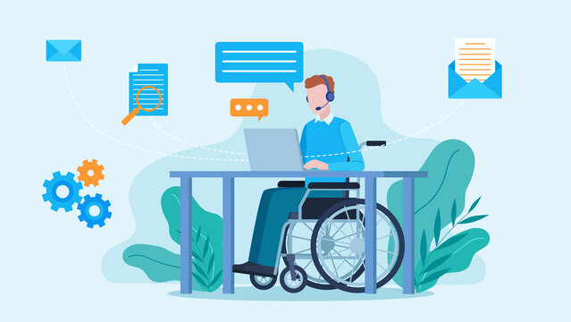 Graphic of a man on a wheelchair working at a desk on a laptop. Next to him are icons: conversation bubbles, document, email, and gears. Flat style graphics.