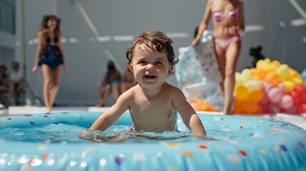 Obraz premium A baby is in a pool with a woman in a bikini watching