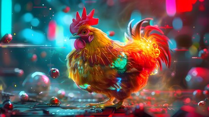 Fototapeta premium A chicken artist creating a digital art piece, using holographic tools and vibrant colors in a futuristic environment