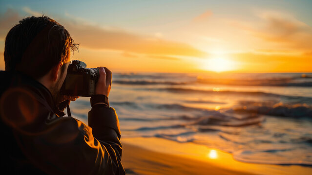 A photographer captures the breathtaking beauty of a sunset on the beach, with waves crashing and the sky painted in golden hues, creating a serene and picturesque moment.
 - Powered by Adobe
