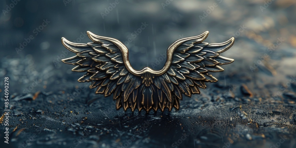 Poster a detailed view of a metal object featuring wings, suitable for use in technical or futuristic illus