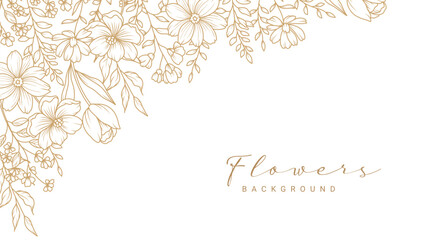 Golden flower frame. Corner. Luxury pattern with a bouquet of flowers, branches, leaves. Vector illustration with drawn elegant vintage botanical decorative elements
