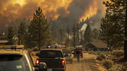 Photo of A Residents evacuating their homes as a forest fire approaches. People are seen loading belongings into cars, and emergency vehicles are guiding the evacuation.