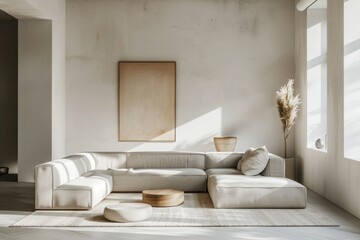 A minimalist living room features a large sectional sofa, a wooden coffee table, and a framed painting, all set against a backdrop of white walls and natural light