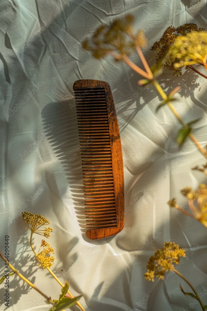 Poster a simple wooden comb resting on a crisp white sheet, suitable for use in various settings such as be