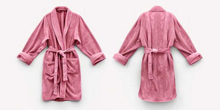 A pink bathrobe shown from the front and back, featuring a belt and pockets. The soft and plush material, along with the pastel color, highlights the robe's comfort and stylish design