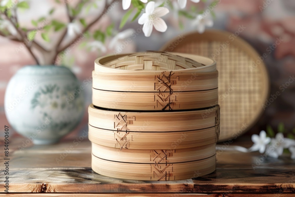 Poster stack of bamboo containers sitting on a table, useful for storing or displaying items