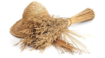 A straw hat adorned with a bunch of dried grass, perfect for rustic or country-themed scenes